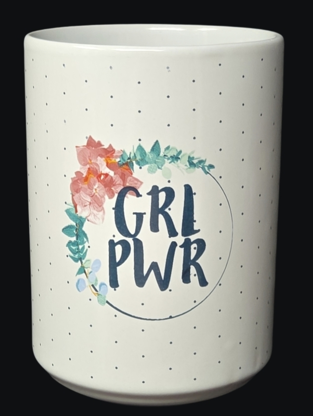 "GRL PWR" Polka Dot Pattern And A Floral Graphic Handleless Coffee Mug